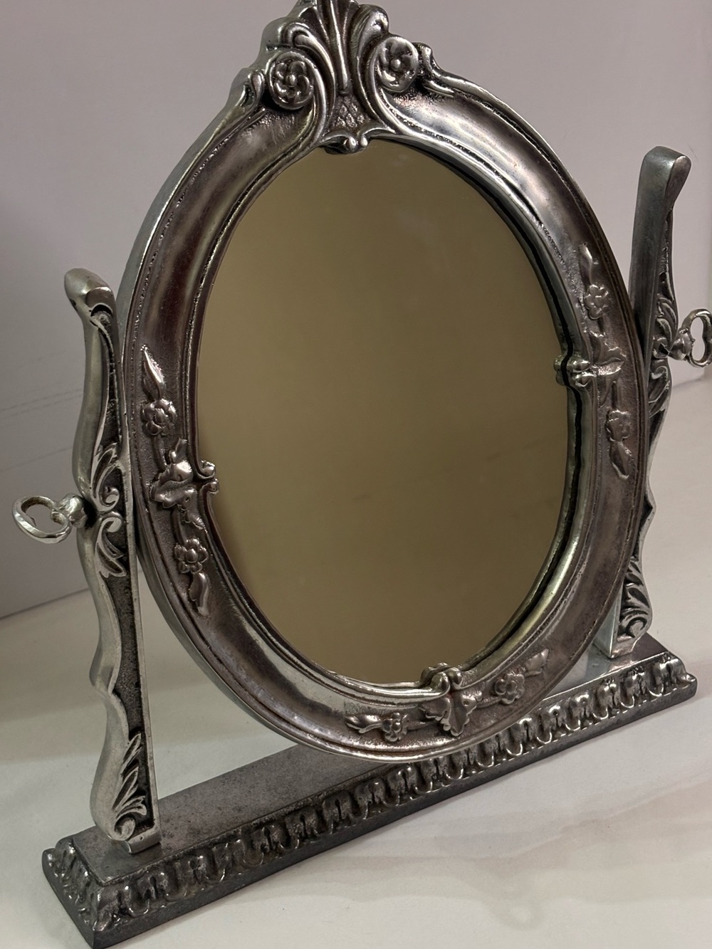 Pewter Silver Ornate Oval Freestanding Vanity Mirror